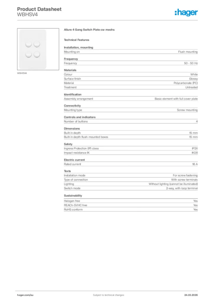 Image Hager Product data sheet WBHSV4  | Hager Australia