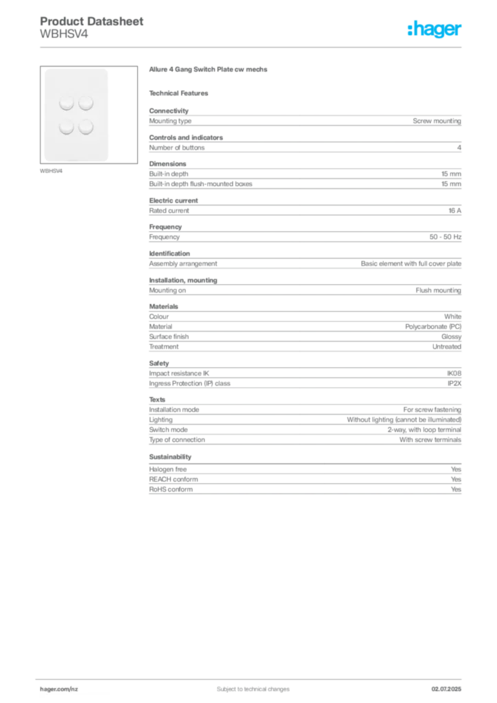 Image Hager Product data sheet WBHSV4  | Hager New Zealand