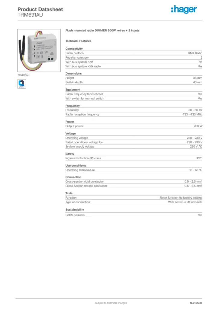 Image Hager Product data sheet TRM691AU  | Hager Africa