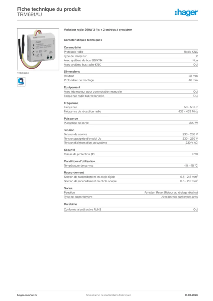 Image Hager Fiche technique du produit TRM691AU | Hager Afrique
