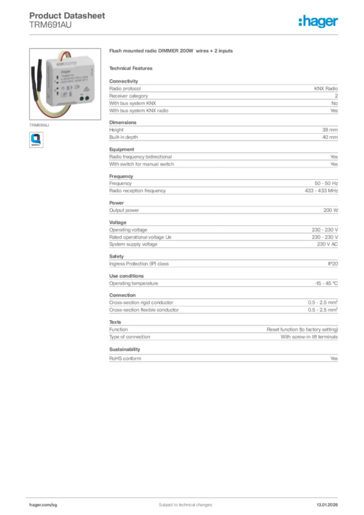 Image Hager Product data sheet TRM691AU  | Hager
