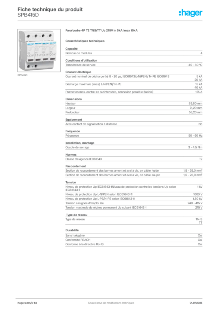 Image Hager Fiche technique du produit SPB415D | Hager Belgique