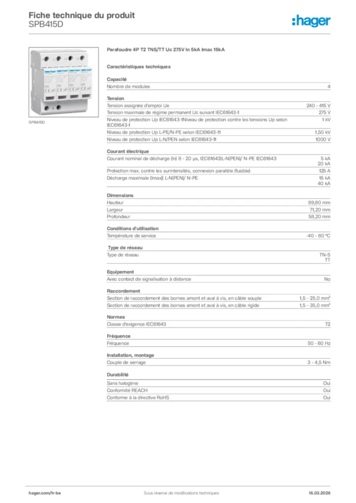 Image Hager Fiche technique du produit SPB415D | Hager Belgique