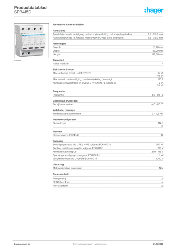 Afbeelding Hager Productdatablad SPB415D | Hager Belgium