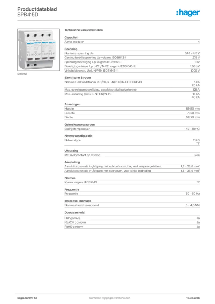Afbeelding Hager Productdatablad SPB415D | Hager Belgium