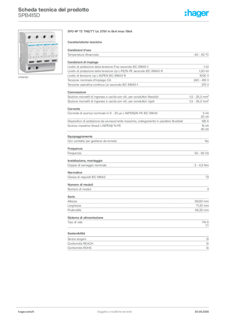 Immagine Hager Scheda tecnica del prodotto SPB415D | Hager Italia