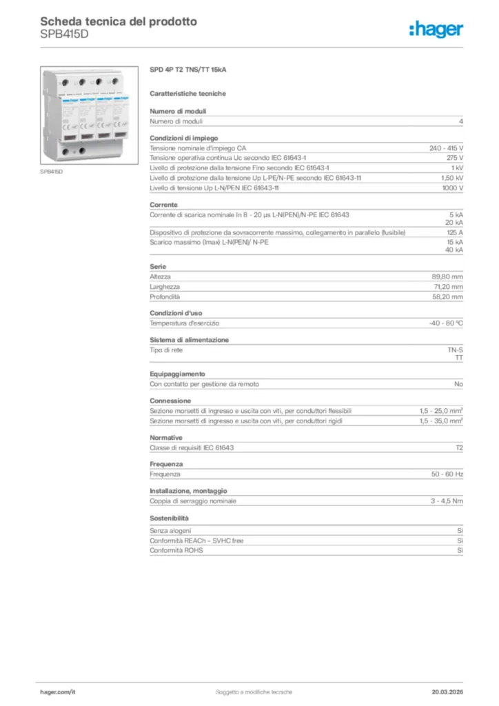 Immagine Hager Scheda tecnica del prodotto SPB415D | Hager Italia
