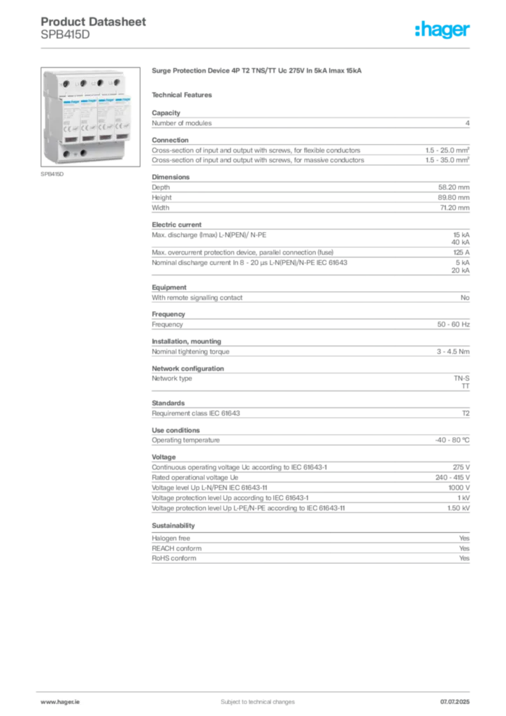 Image Hager Product data sheet SPB415D  | Hager
