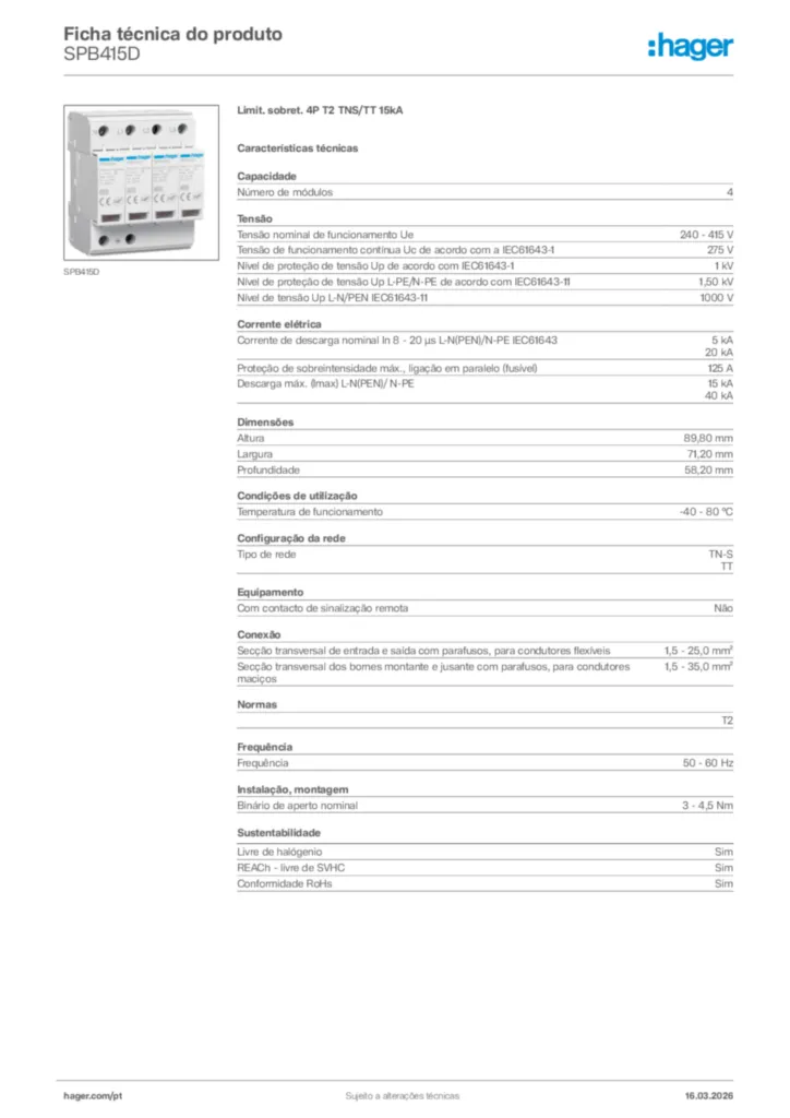Imagem Hager Ficha técnica do produto SPB415D | Hager Portugal