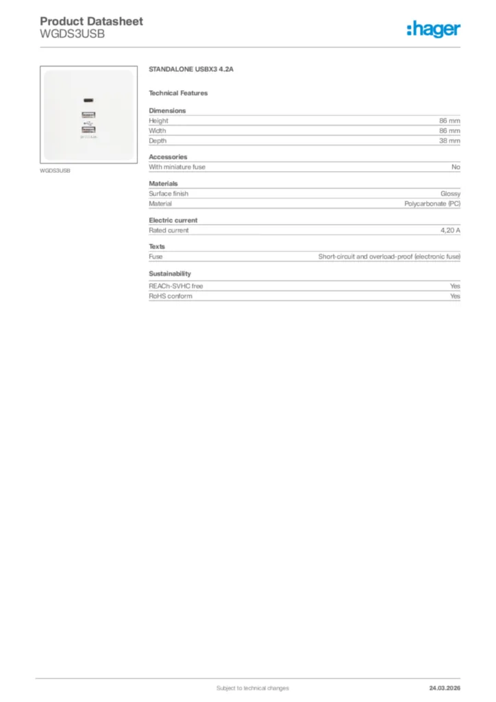 Image Hager Product data sheet WGDS3USB  | Hager