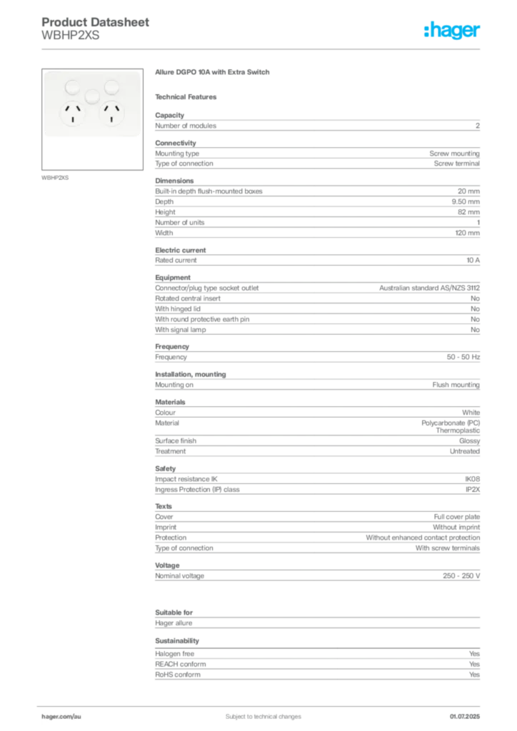 Image Hager Product data sheet WBHP2XS  | Hager Australia