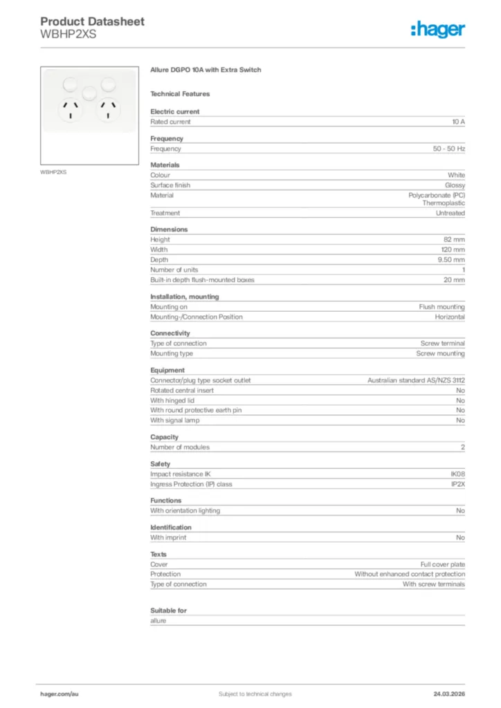 Image Hager Product data sheet WBHP2XS  | Hager Australia