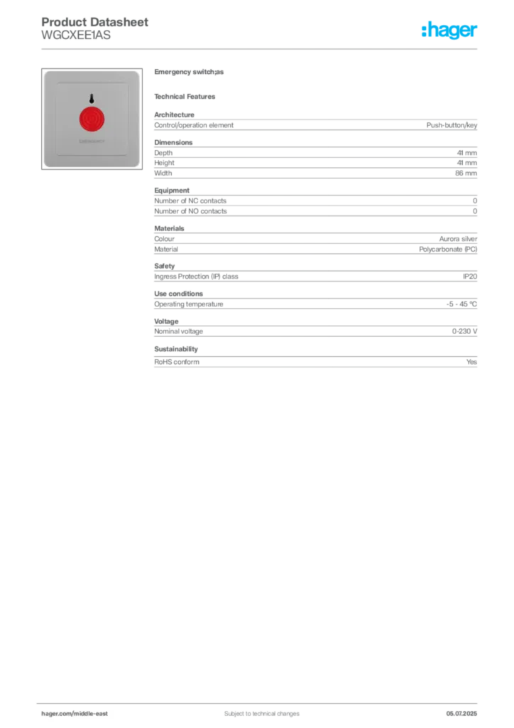 Image Hager Product data sheet WGCXEE1AS  | Hager