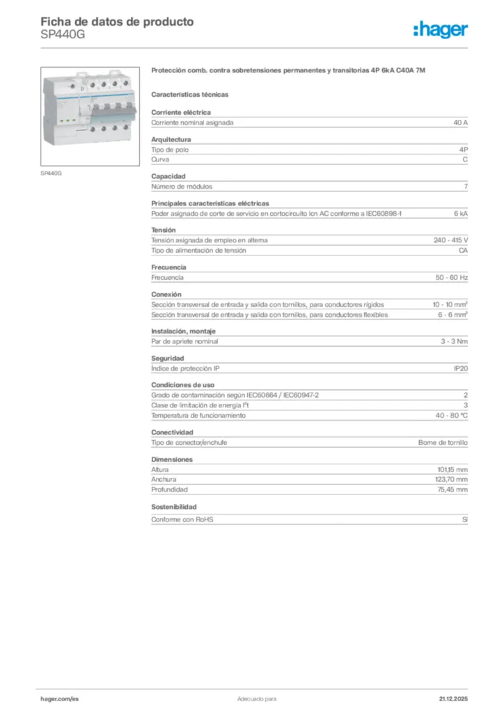 Imagen Hager Ficha de datos de producto SP440G | Hager España