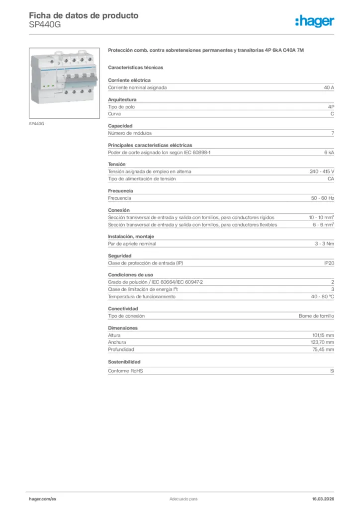 Imagen Hager Ficha de datos de producto SP440G | Hager España