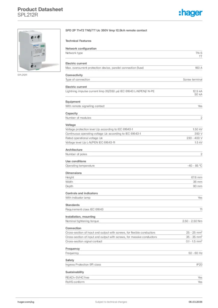 Image Hager Product data sheet SPL212R  | Hager