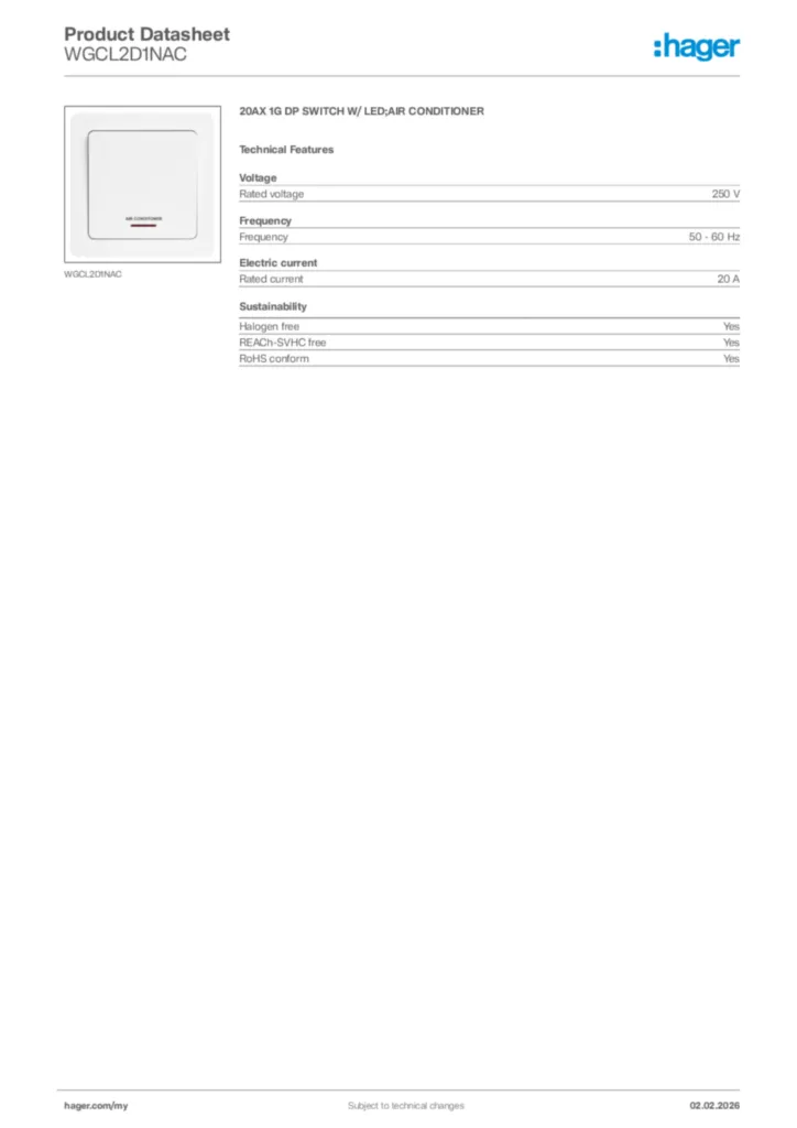 Image Hager Product data sheet WGCL2D1NAC  | Hager
