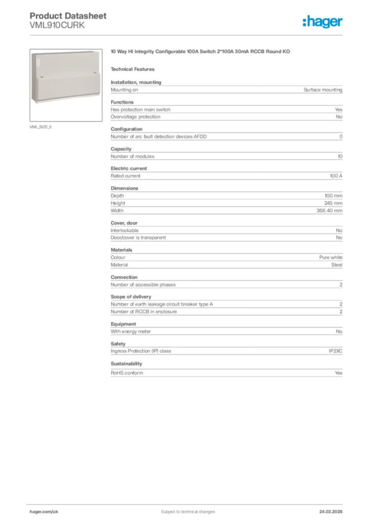 Image Hager Product data sheet VML910CURK  | Hager