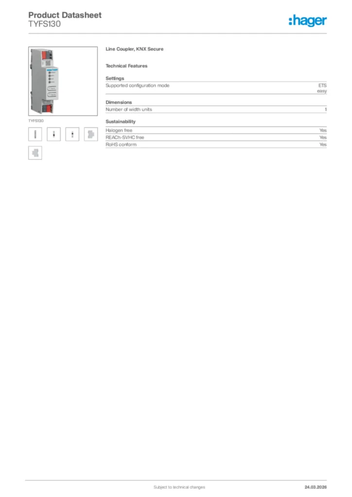Image Hager Product data sheet TYFS130  | Hager Africa