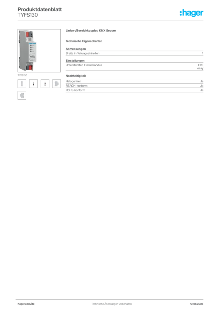 Bild Hager Produktdatenblatt TYFS130 | Hager Deutschland