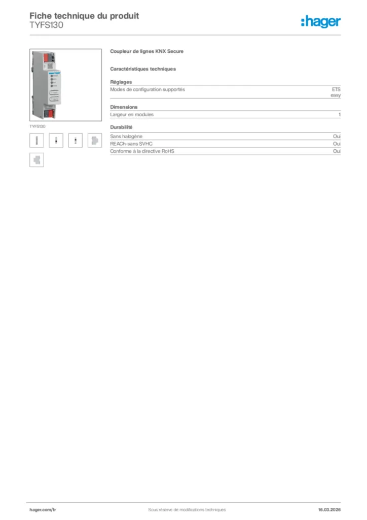 Image Hager Fiche technique du produit TYFS130 | Hager France