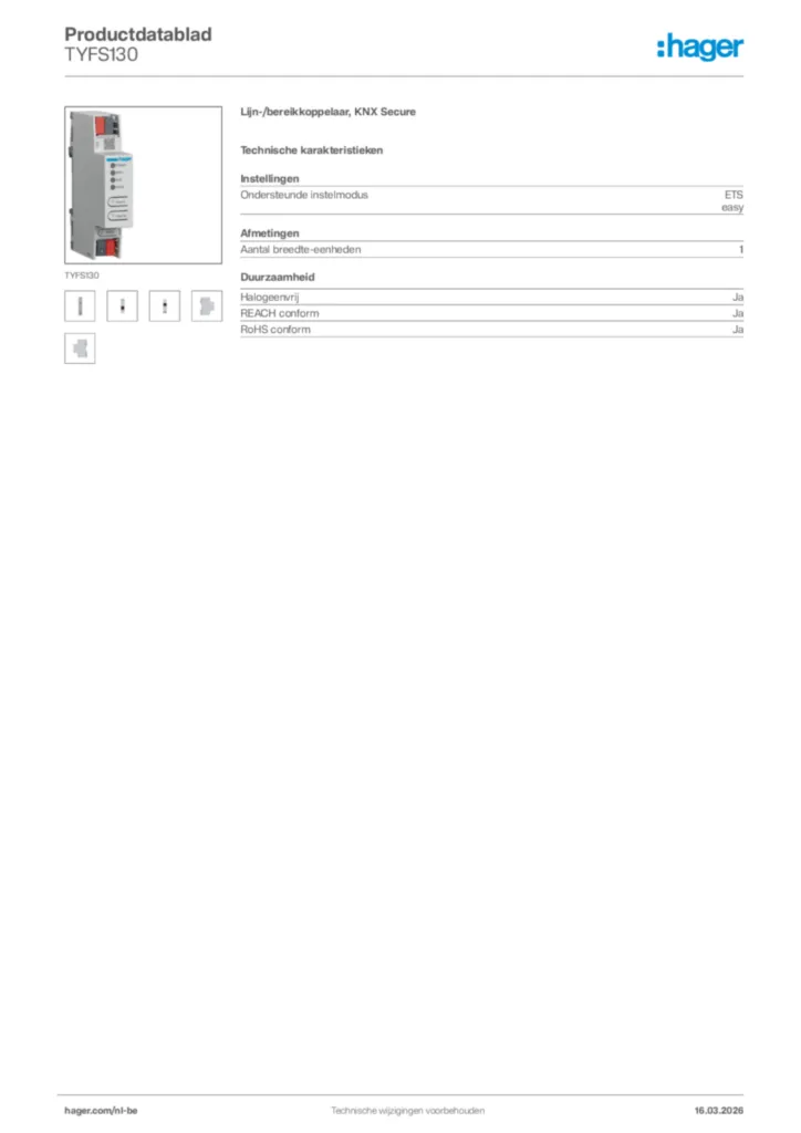 Afbeelding Hager Productdatablad TYFS130 | Hager Belgium