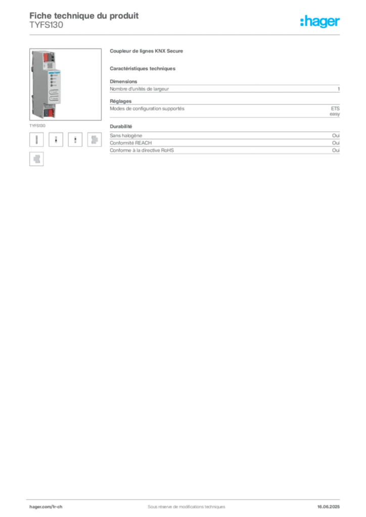 Image Hager Fiche technique du produit TYFS130 | Hager Suisse