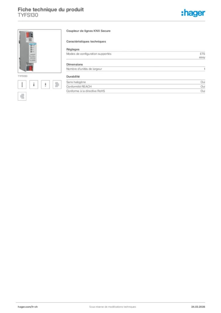 Image Hager Fiche technique du produit TYFS130 | Hager Suisse