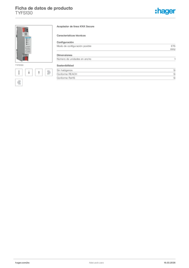 Imagen Hager Ficha de datos de producto TYFS130 | Hager España