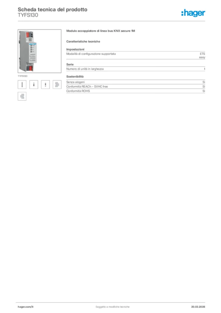 Immagine Hager Scheda tecnica del prodotto TYFS130 | Hager Italia