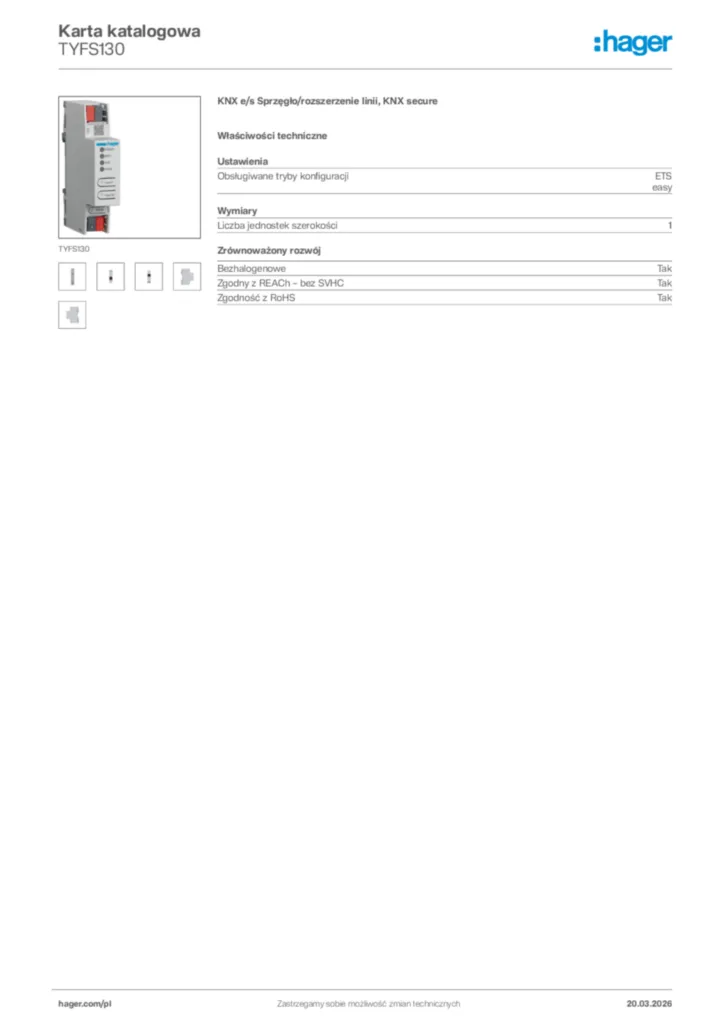 Zdjęcie Hager Karta katalogowa TYFS130 | Hager Polska