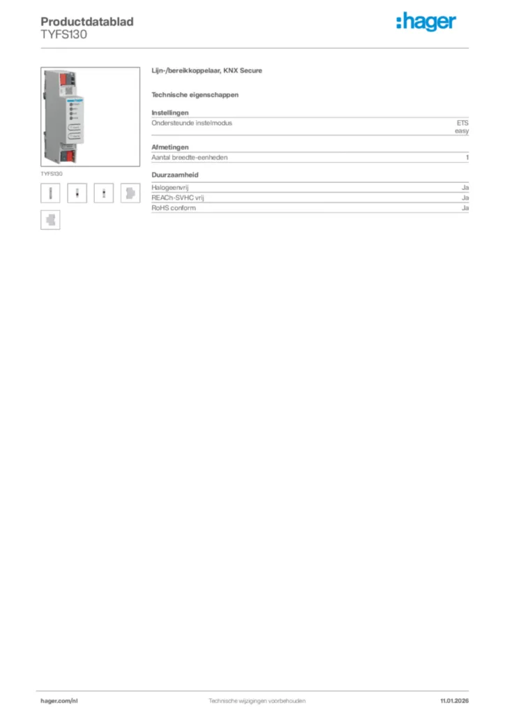 Afbeelding Hager Productdatablad TYFS130 | Hager Nederland