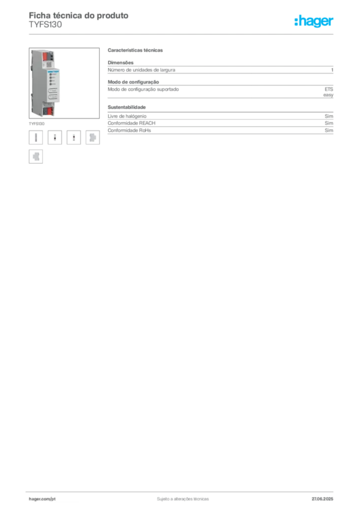 Imagem Hager Ficha técnica do produto TYFS130 | Hager Portugal