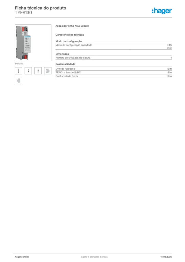 Imagem Hager Ficha técnica do produto TYFS130 | Hager Portugal
