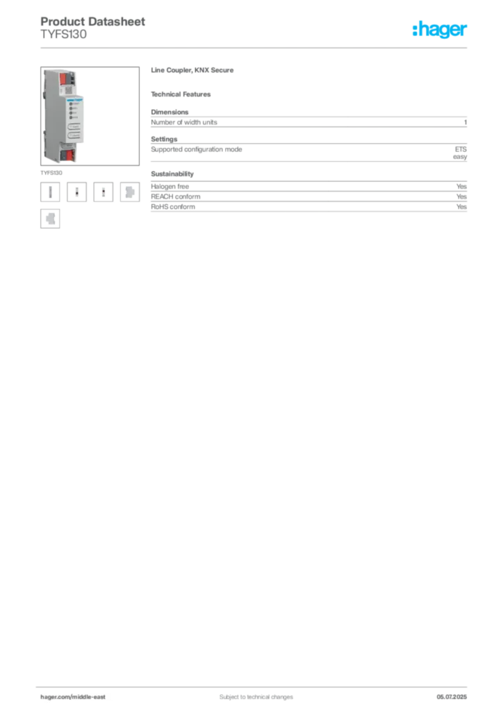 Image Hager Product data sheet TYFS130  | Hager