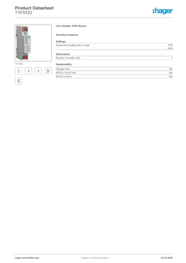 Image Hager Product data sheet TYFS130  | Hager