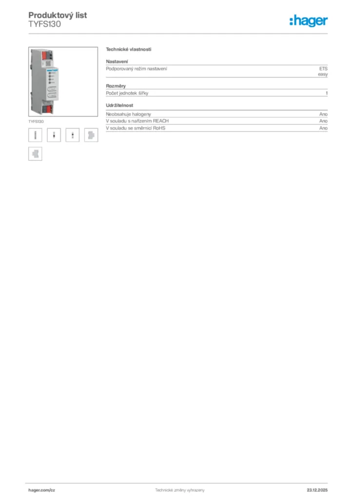 Obrázek Hager Product data sheet TYFS130 | Hager