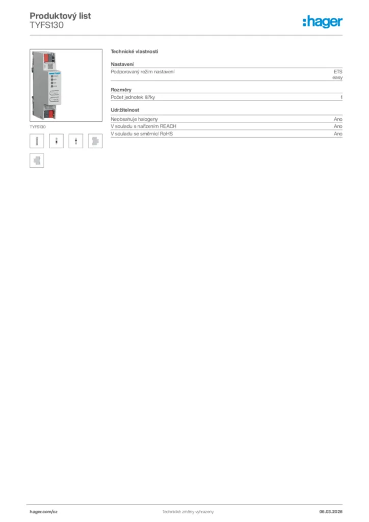 Obrázek Hager Product data sheet TYFS130 | Hager