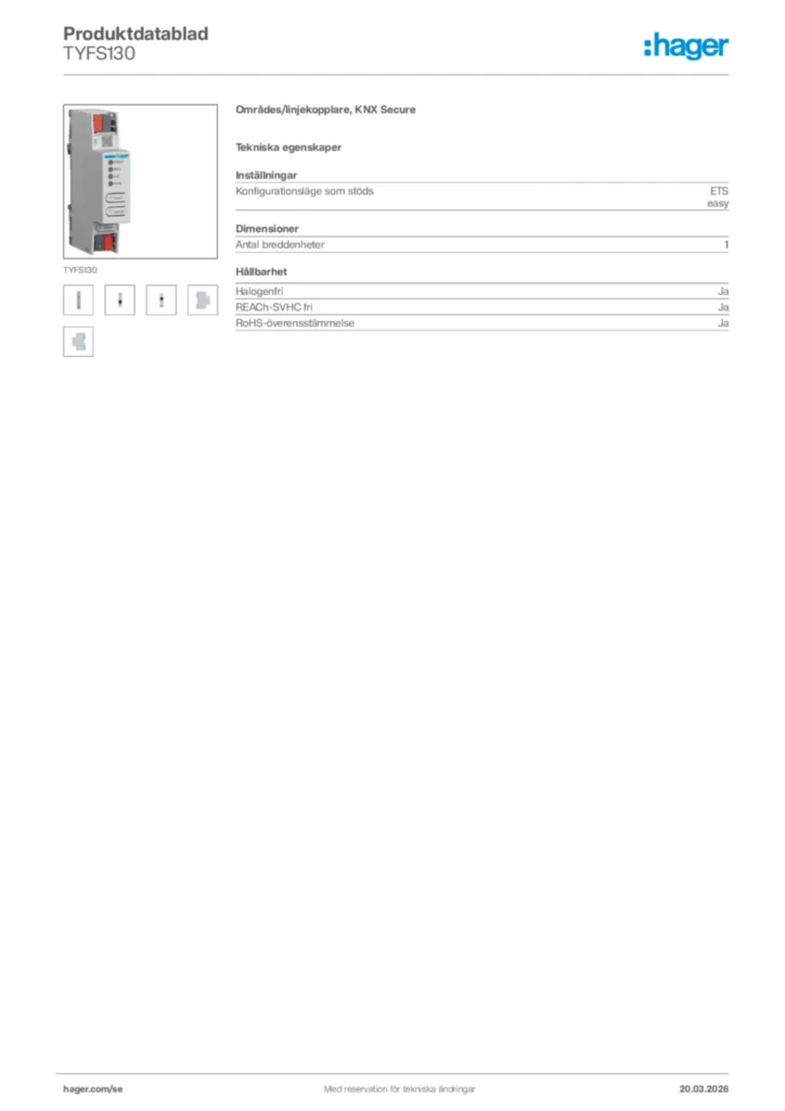 Bild Hager Produktdatablad TYFS130 | Hager Sverige