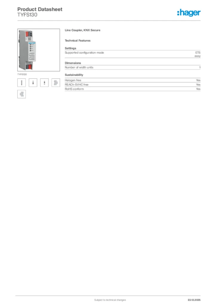 Image Hager Product data sheet TYFS130  | Hager