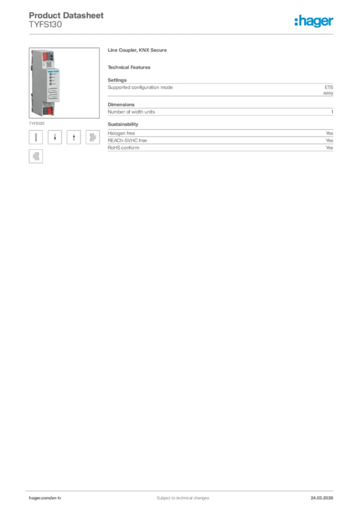 Image Hager Product data sheet TYFS130  | Hager