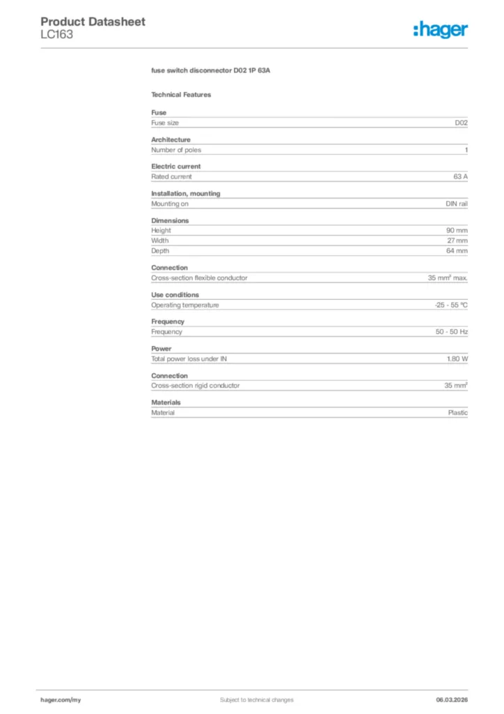 Image Hager Product data sheet LC163  | Hager