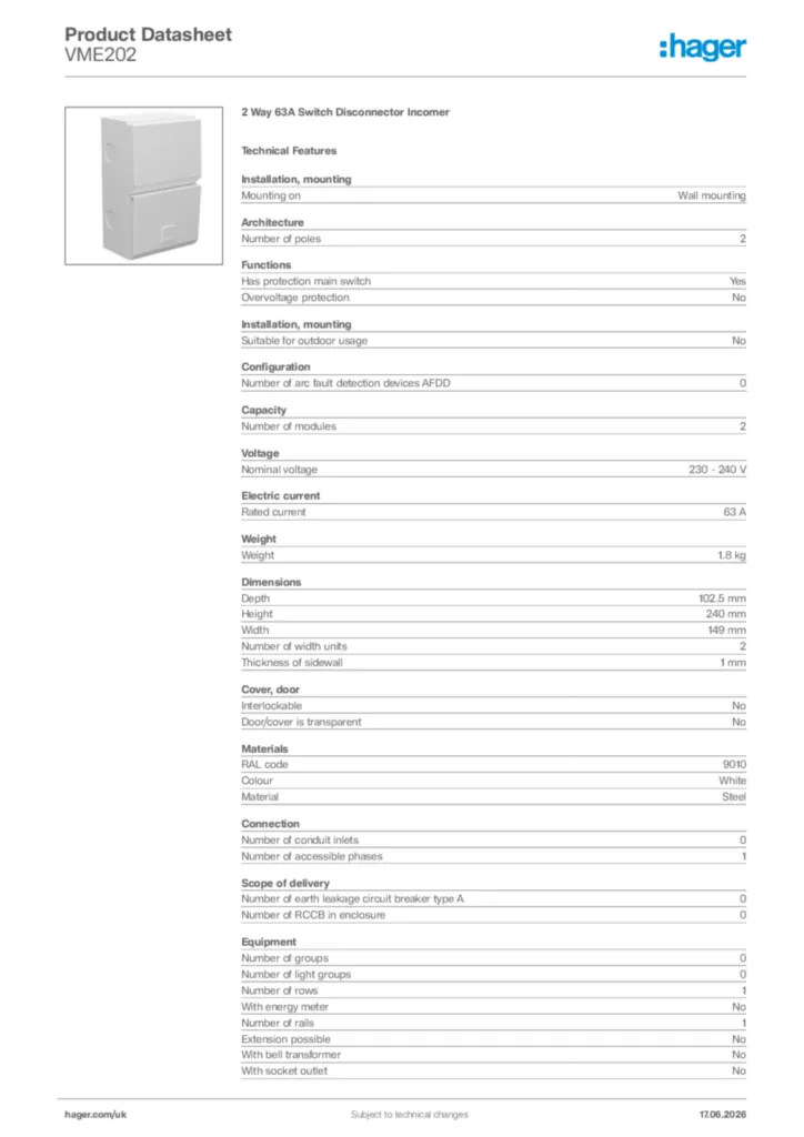 Image Hager Product data sheet VME202  | Hager