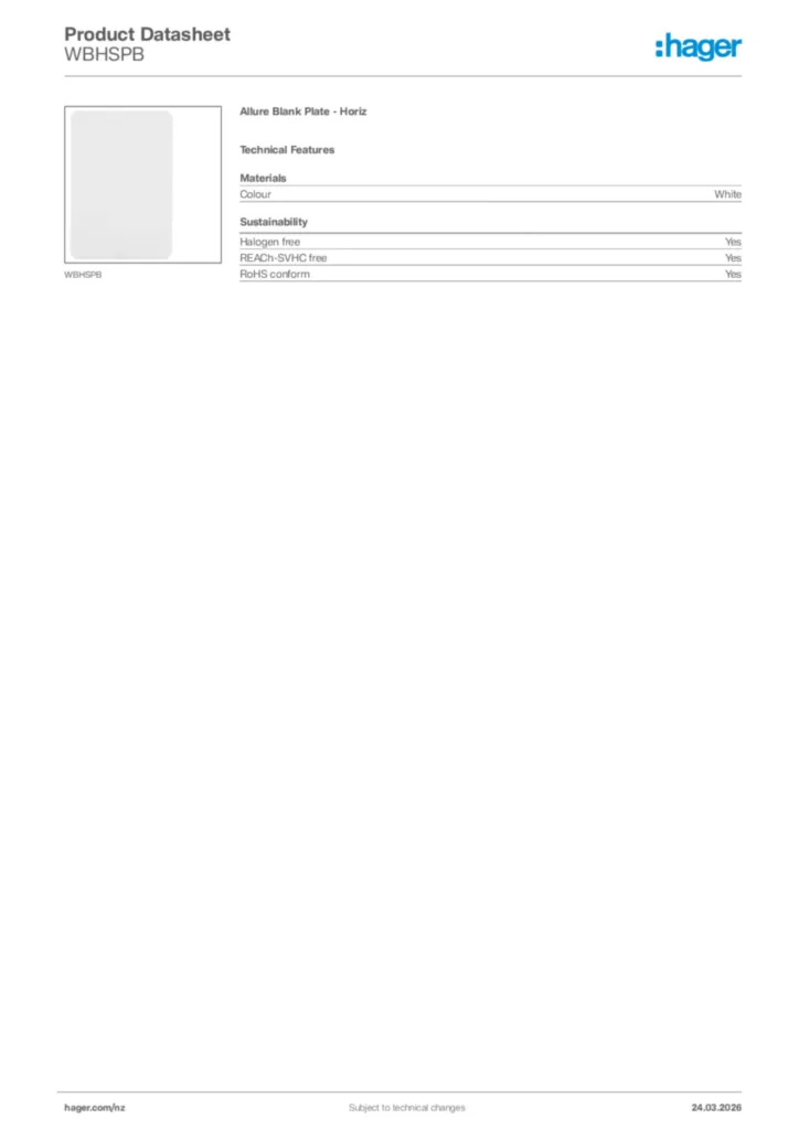 Image Hager Product data sheet WBHSPB  | Hager New Zealand