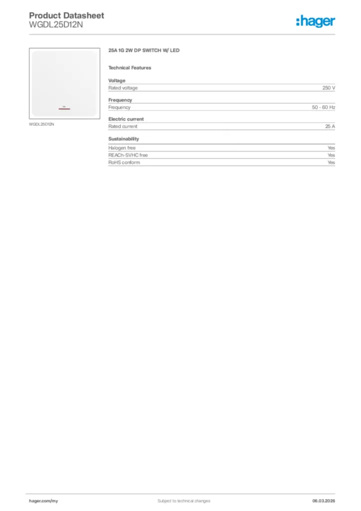 Image Hager Product data sheet WGDL25D12N  | Hager
