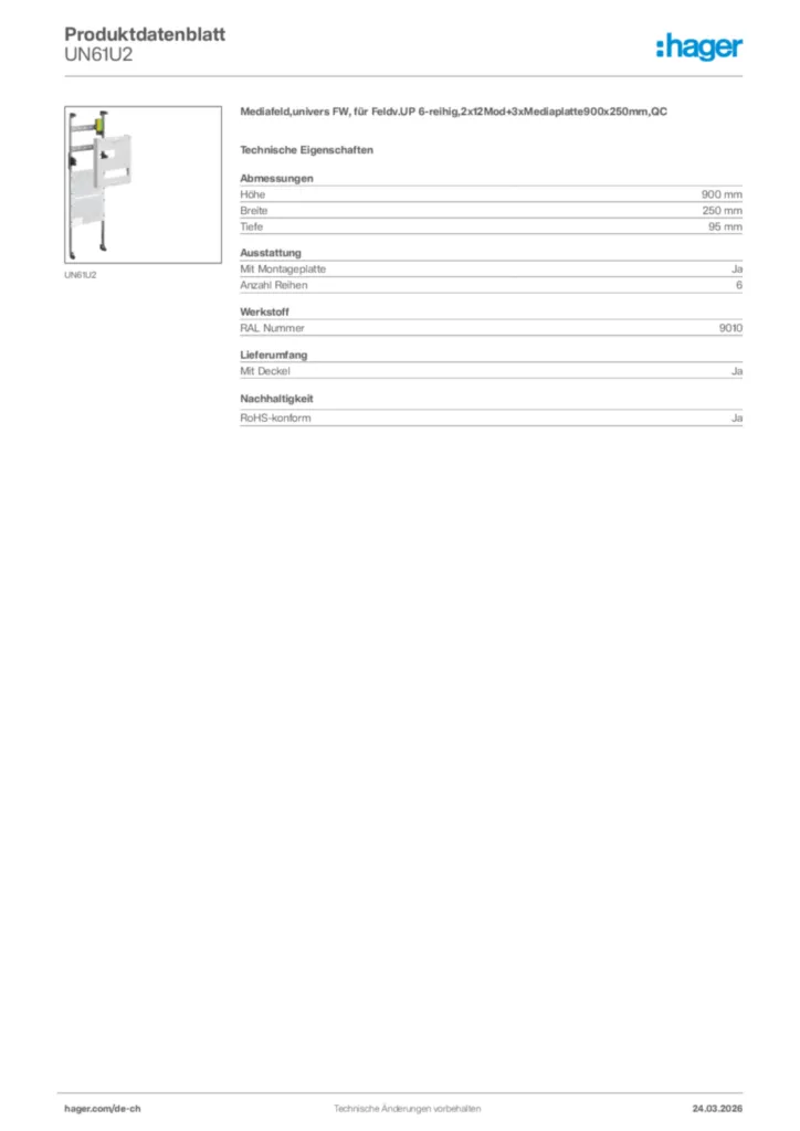 Bild Hager Produktdatenblatt UN61U2 | Hager Schweiz