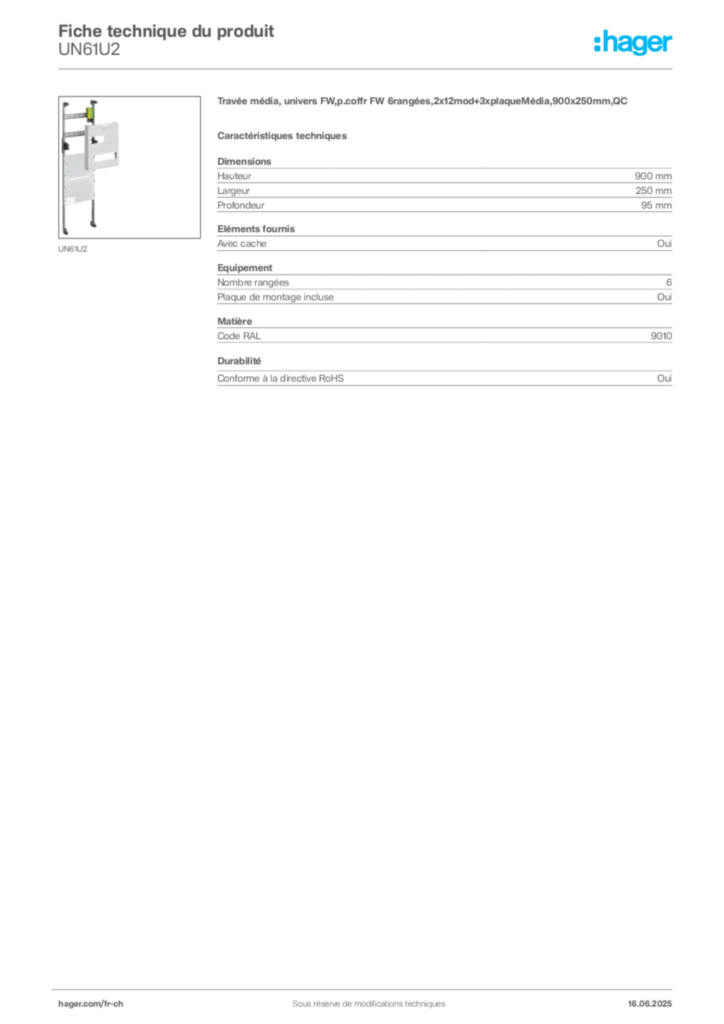 Image Hager Fiche technique du produit UN61U2 | Hager Suisse