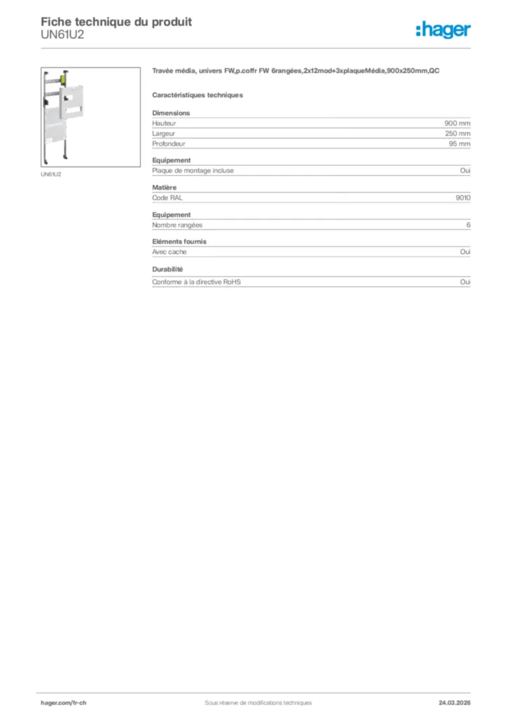 Image Hager Fiche technique du produit UN61U2 | Hager Suisse