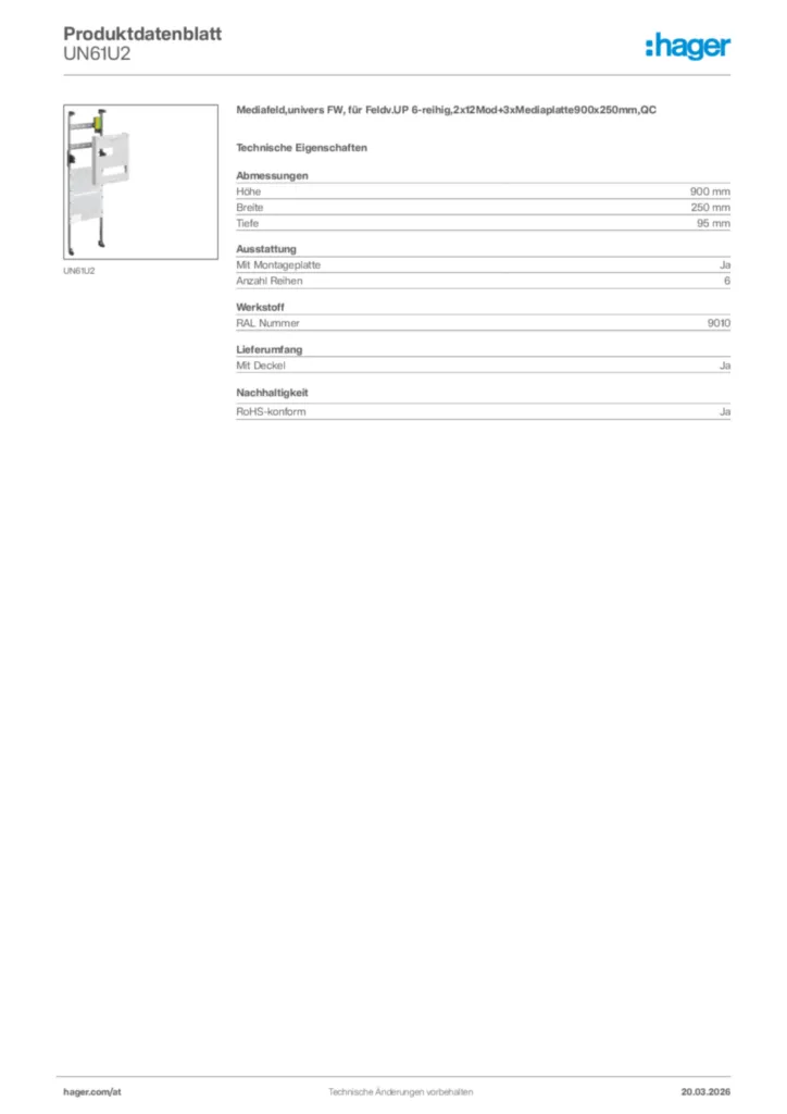 Bild Hager Produktdatenblatt UN61U2 | Hager Deutschland