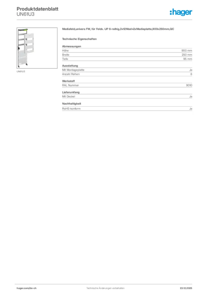 Bild Hager Produktdatenblatt UN61U3 | Hager Schweiz